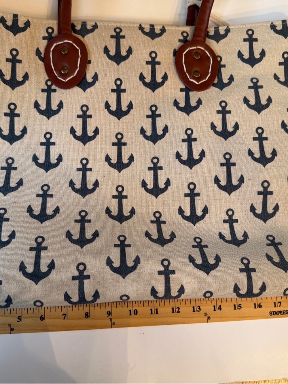 Reduced!! NWT Sun 'N' Sand Canvas Nautical Anchor Print Tote with Brown Handles - Picture 11 of 16